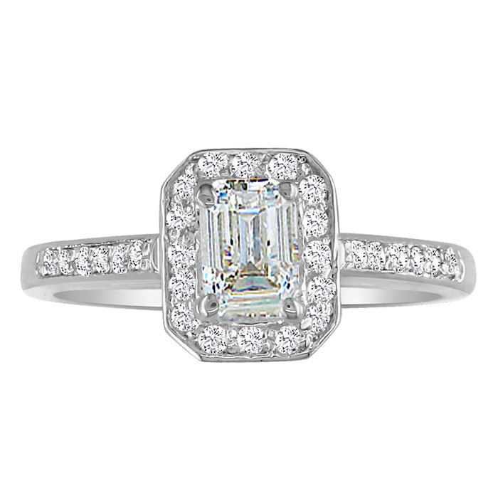 1 1/3 Carat Emerald Cut Diamond Halo Engagement Ring In 14k White Gold (H-I, SI2-I1) By Hansa