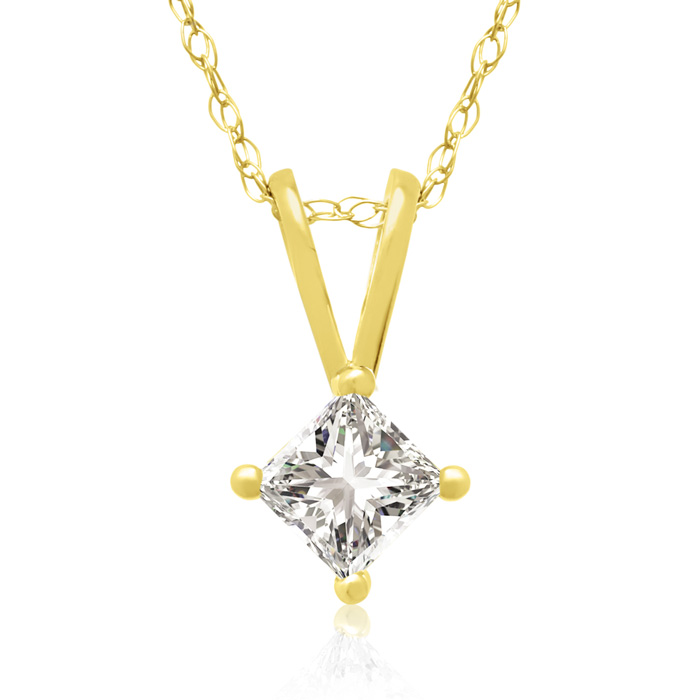 1/4 Carat 14k Yellow Gold Princess Cut Diamond Pendant Necklace, J/K, 18 Inch Chain By Hansa