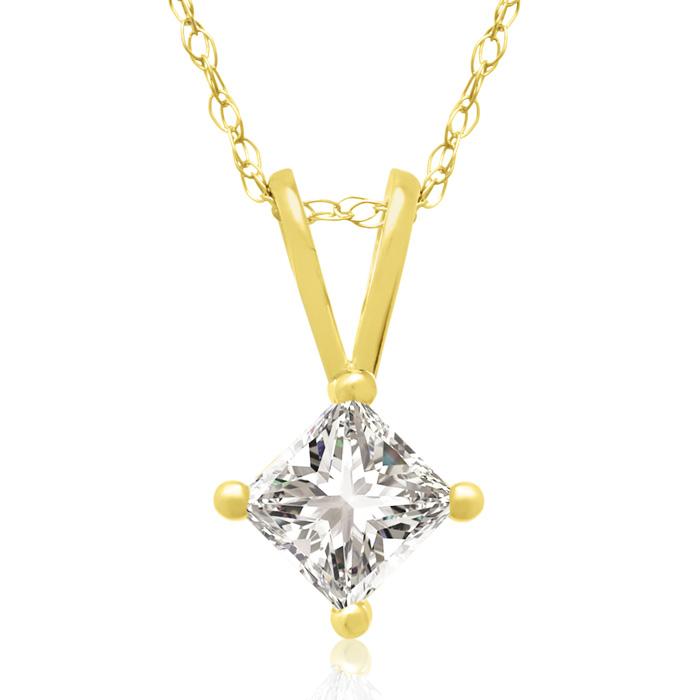 1/3 Carat 14k Yellow Gold Princess Cut Diamond Pendant Necklace, H/I, 18 Inch Chain By Hansa