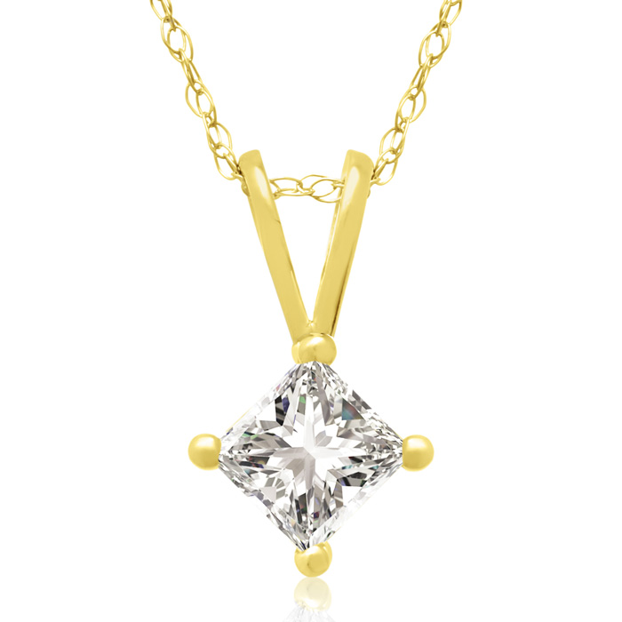 3/8 Carat 14k Yellow Gold Princess Cut Diamond Pendant Necklace, J/K, 18 Inch Chain By Hansa