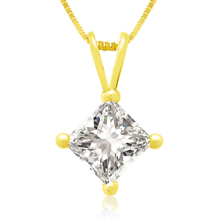 3/4 Carat 14k Yellow Gold Princess Cut Diamond Pendant Necklace, J/K, 18 Inch Chain By Hansa