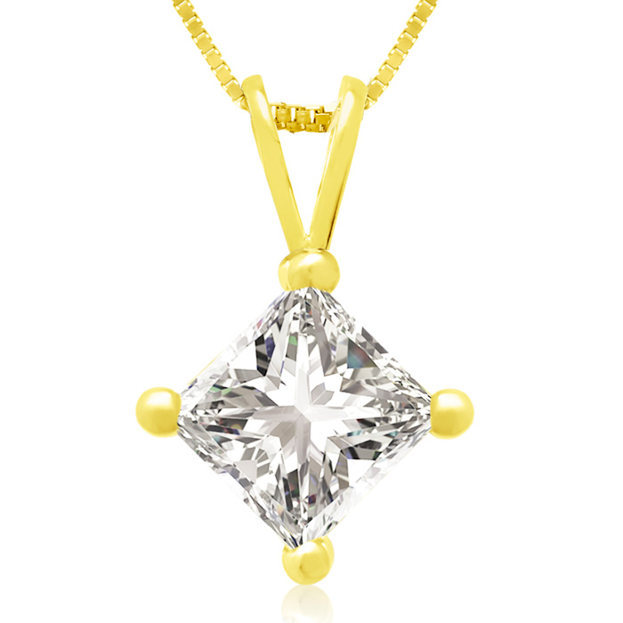 1 Carat 14k Yellow Gold Princess Cut Diamond Pendant Necklace, J/K, 18 Inch Chain By Hansa