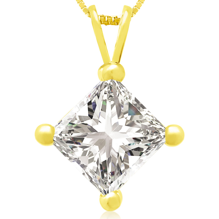 2 Carat 14k Yellow Gold Princess Cut Diamond Pendant Necklace, G/H, 18 Inch Chain By Hansa