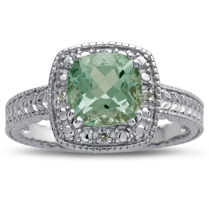 1 Carat Green Amethyst & Engraved Diamond Ring, Sterling Silver, Featured on CBS Good Morning,  by SuperJeweler