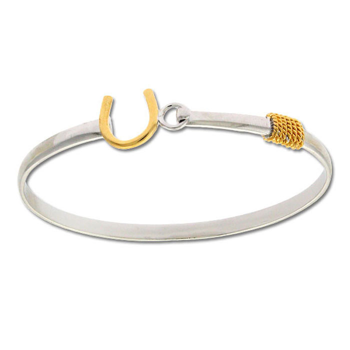 Two Tone Gold Overlay Horseshoe Bangle Bracelet, 7 Inches