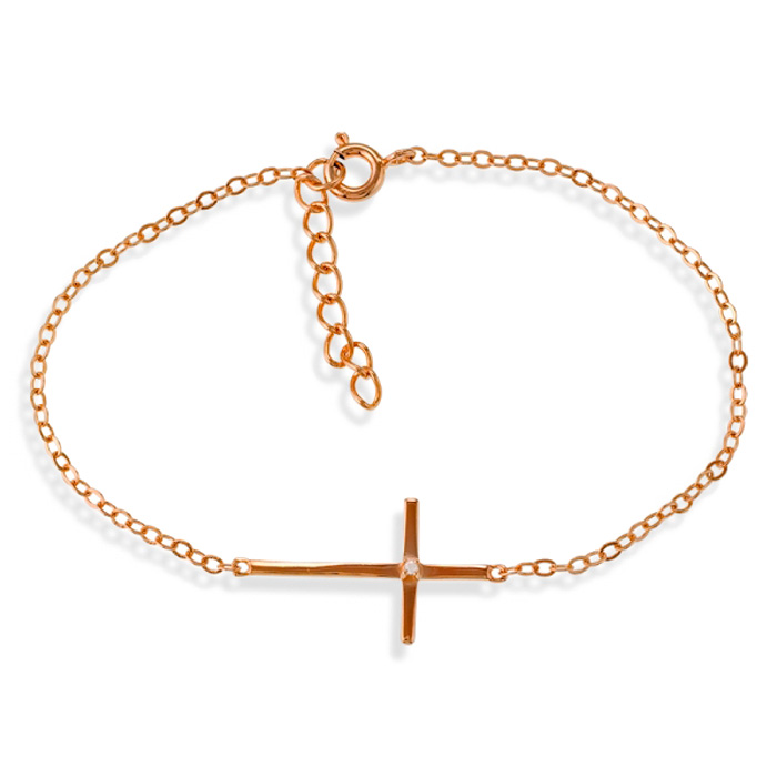 Sideways Cross Rose Gold-Plated Single Cubic Zirconia Bracelet in Sterling Silver, 7 Inches by SuperJeweler