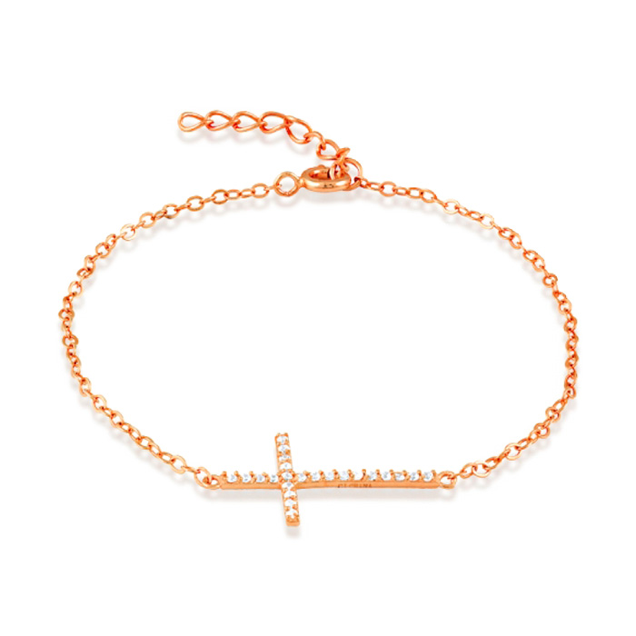 Sideways Cross Rose Gold-Plated Cubic Zirconia Bracelet in Sterling Silver, 7 Inches by SuperJeweler