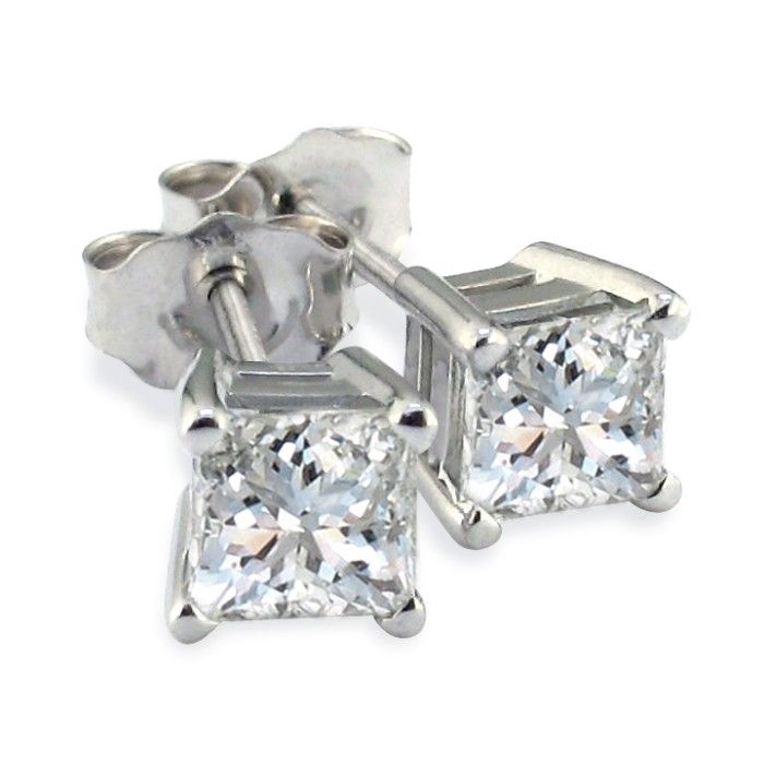 Platinum 1/4 Carat Princess Cut Diamond Stud Earrings, I/J By Hansa