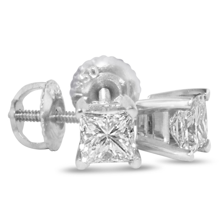 1.5 Carat Fine Quality Princess Cut Diamond Stud Earrings In Platinum, I/J By Hansa