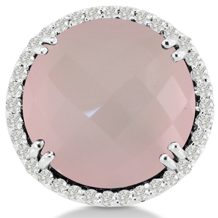 19 Carat Round Rose Quartz & Diamond Ring Crafted in Solid 14K White Gold,  by SuperJeweler