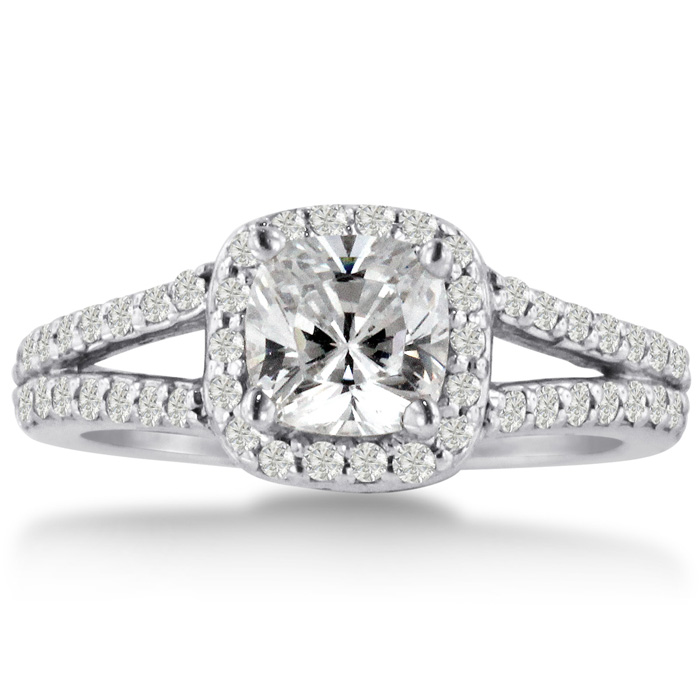 1 Carat Cushion Cut Diamond Halo Engagement Ring in 14K White Gol