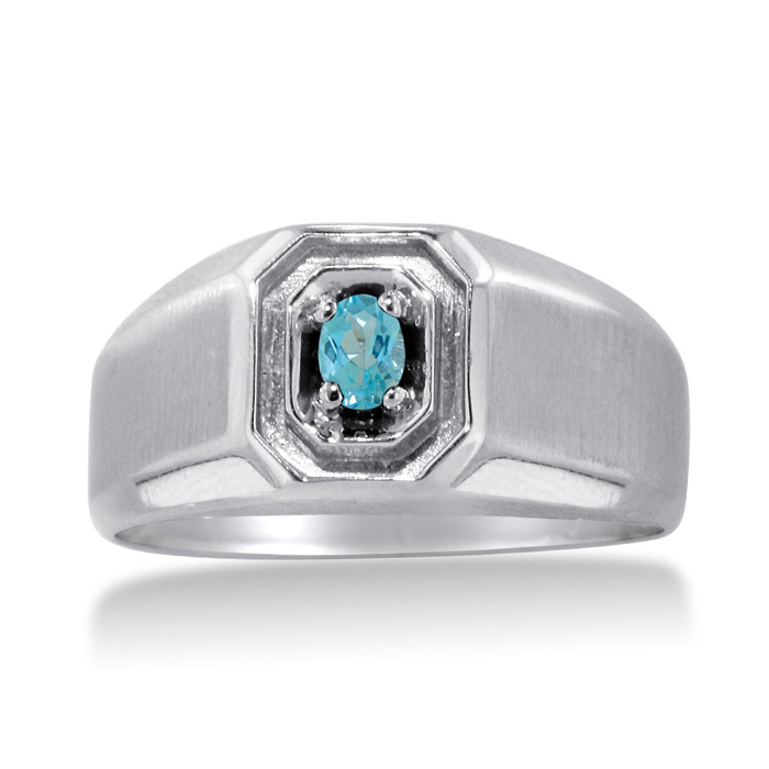 1/4 Carat Oval Blue Topaz Men's Ring Crafted in Solid 14K White Gold by SuperJeweler