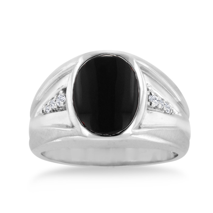 Oval Black Onyx & Diamond Men's Ring Crafted in Solid White Gold,  by SuperJeweler