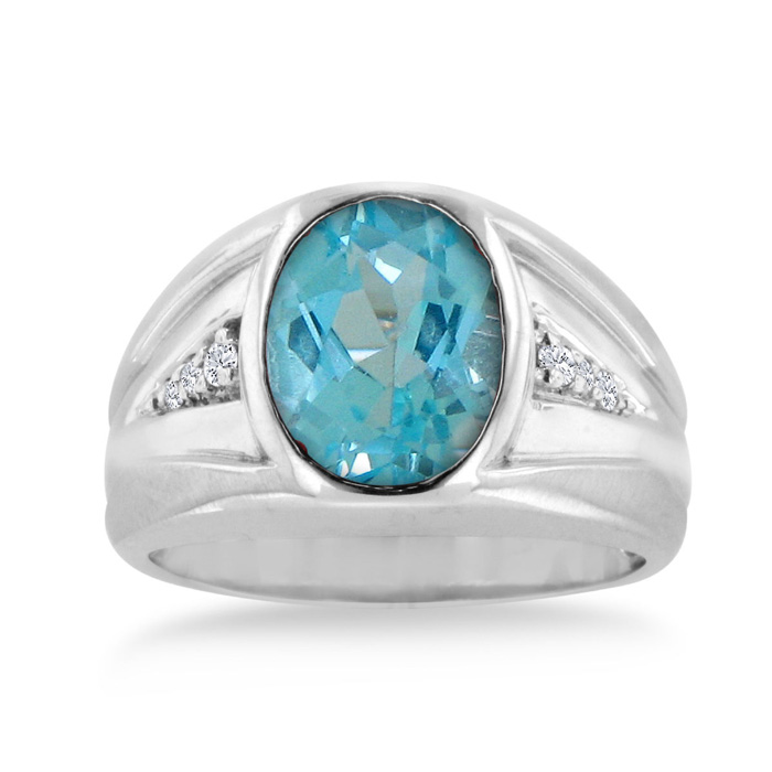 4 1/2 Carat Oval Blue Topaz & Diamond Men's Ring Crafted in Solid White Gold,  by SuperJeweler