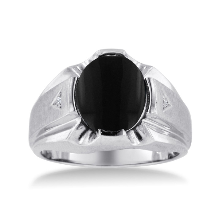 Oval Black Onyx & Diamond Men's Ring Crafted in Solid 14K White Gold,  by SuperJeweler