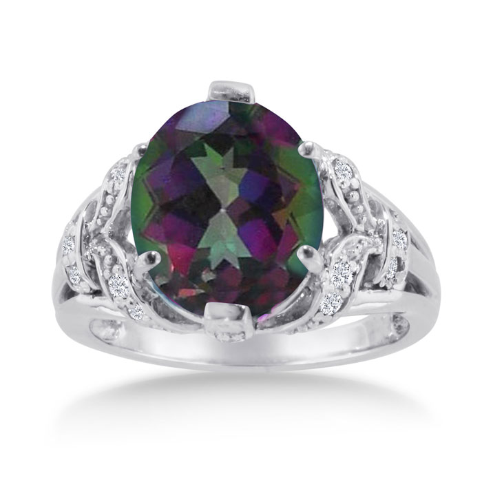 6 Carat Oval Mystic Topaz & Diamond Ring Crafted in Solid 14K White Gold,  by SuperJeweler