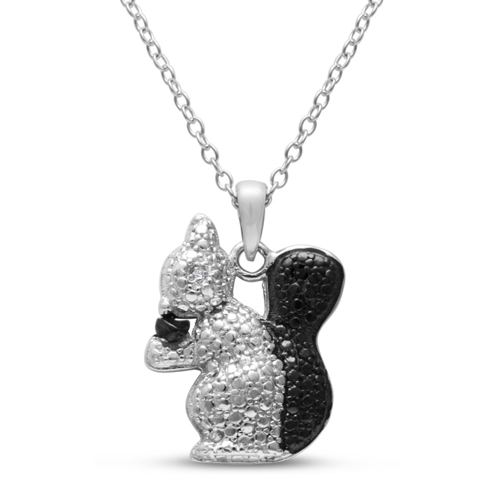 Black & White Diamond Squirrel & Nut Necklace Crafted in Solid Sterling Silver, 18 Inches,  by SuperJeweler