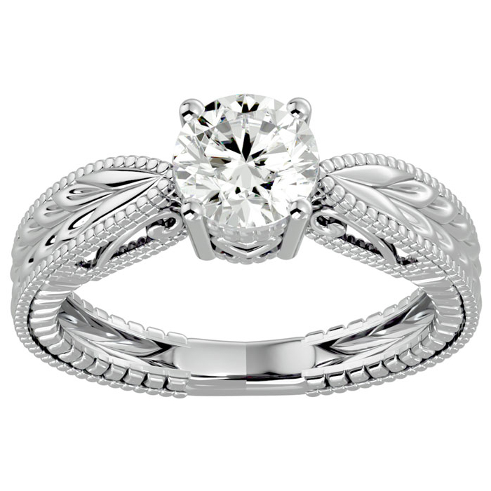 1 Carat Diamond Solitaire Engagement Ring w/ Tapered Etched Band in 14K White Gold (4.50 g) (, I1-I2 Clarity Enhanced) by SuperJeweler