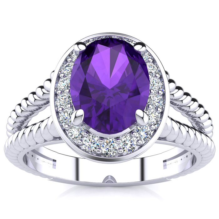 1.5 Carat Oval Shape Amethyst & Diamond Ring in 14K White Gold, G/H Color by SuperJeweler