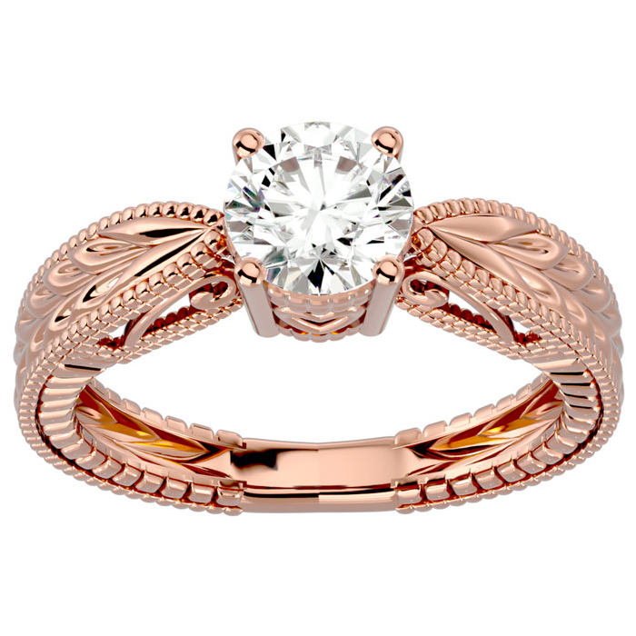1 Carat Diamond Solitaire Engagement Ring w/ Tapered Etched Band in 14K Rose Gold (4.50 g) (, SI2-I1) by SuperJeweler