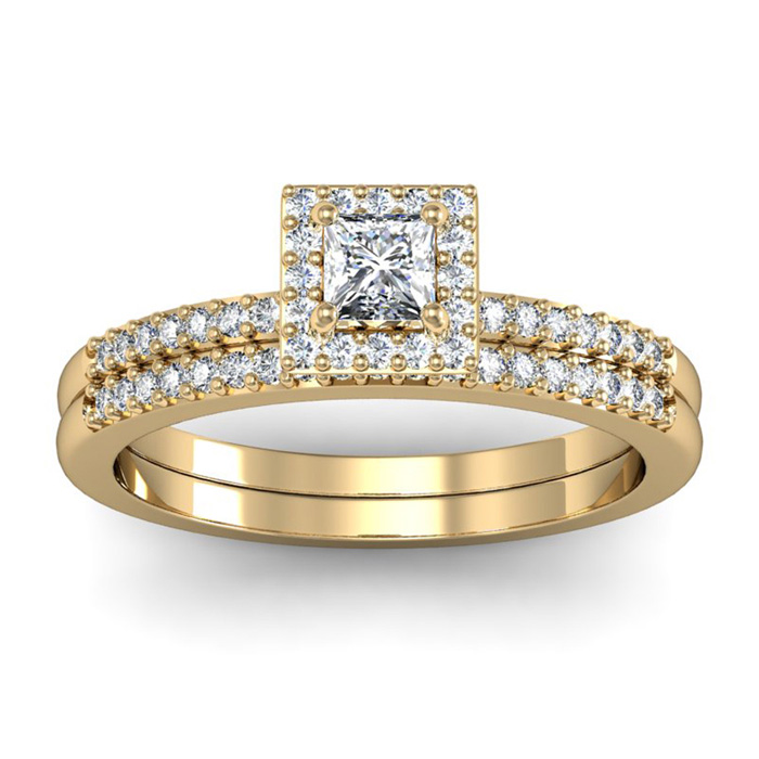 1/2 Carat Princess Cut Pave Halo Diamond Bridal Ring Set in 14k Yellow Gold (, SI2-I1) by SuperJeweler