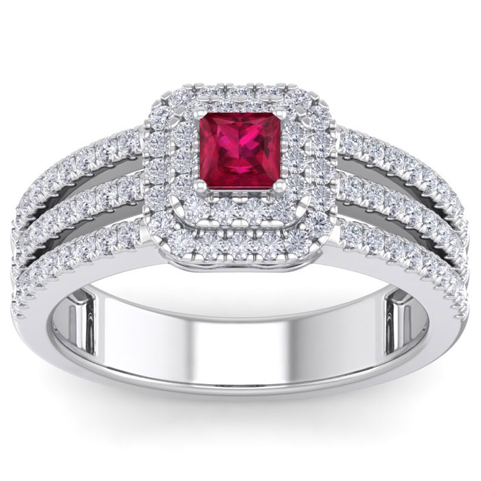 1 Carat Princess Cut Double Halo Ruby & Diamond Engagement Ring in 14K White Gold (5.70 g) (, SI2-I1) by SuperJeweler