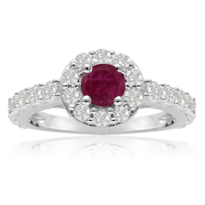 1.5 Carat Halo Diamond & Ruby Engagement Ring in 14K White Gold (5.4 g) (, SI2-I1) by SuperJeweler