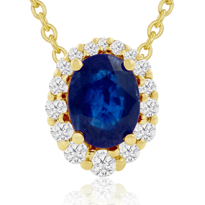 2.90 Carat Fine Quality Sapphire & Diamond Necklace In 14K Yellow Gold (2.9 G), H/I, 18 Inch Chain By Hansa