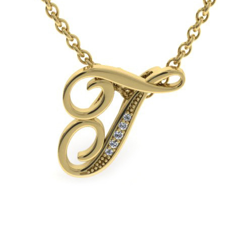 Letter T Diamond Initial Necklace In Yellow Gold (2.2 G) W/ 6 Diamonds, I/J, 18 Inch Chain By SuperJeweler