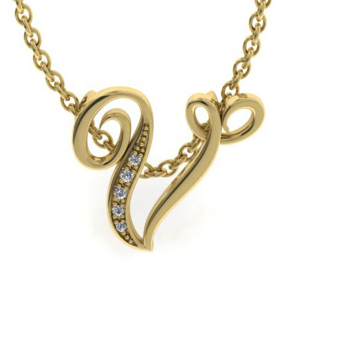 Letter V Diamond Initial Necklace in Yellow Gold (2.2 g) w/ 6 Diamonds, , 18 Inch Chain by SuperJeweler