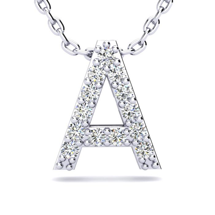 Letter A Diamond Initial Necklace in 14K White Gold (2.4 g) w/ 13 Diamonds, , 18 Inch Chain by SuperJeweler