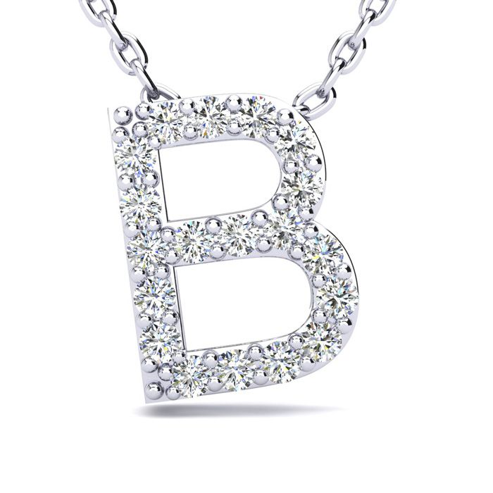 Letter B Diamond Initial Necklace in 14K White Gold (2.4 g) w/ 13 Diamonds, , 18 Inch Chain by SuperJeweler