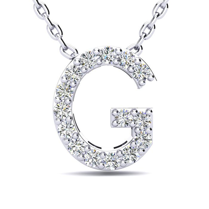 Letter G  ColorDiamond Initial Necklace in 14K White Gold (2.4 g) w/ 13 Diamonds, , 18 Inch Chain by SuperJeweler