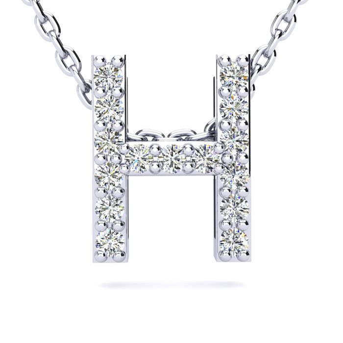 Letter H Diamond Initial Necklace in 14K White Gold (2.4 g) w/ 13 Diamonds, , 18 Inch Chain by SuperJeweler