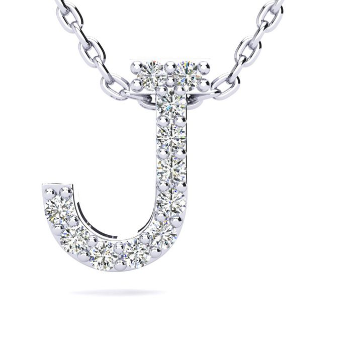 Letter J Diamond Initial Necklace in 14K White Gold (2.4 g) w/ 13 Diamonds, , 18 Inch Chain by SuperJeweler