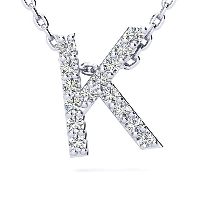 Letter K Diamond Initial Necklace in 14K White Gold (2.4 g) w/ 13 Diamonds, , 18 Inch Chain by SuperJeweler