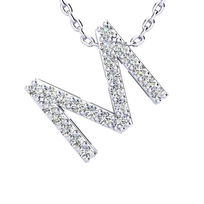 Letter M Diamond Initial Necklace in 14K White Gold (2.4 g) w/ 13 Diamonds, , 18 Inch Chain by SuperJeweler