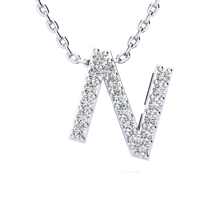 Letter N Diamond Initial Necklace in 14K White Gold (2.4 g) w/ 13 Diamonds, , 18 Inch Chain by SuperJeweler