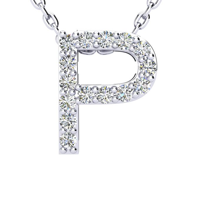 Letter P Diamond Initial Necklace in 14K White Gold (2.4 g) w/ 13 Diamonds, , 18 Inch Chain by SuperJeweler