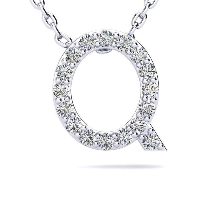 Letter Q Diamond Initial Necklace in 14K White Gold (2.4 g) w/ 13 Diamonds, , 18 Inch Chain by SuperJeweler