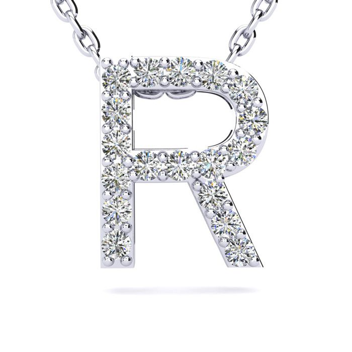 Letter R Diamond Initial Necklace in 14K White Gold (2.4 g) w/ 13 Diamonds, , 18 Inch Chain by SuperJeweler