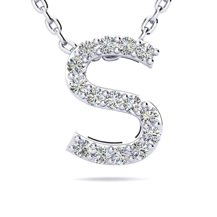 Letter S Diamond Initial Necklace in 14K White Gold (2.4 g) w/ 13 Diamonds, , 18 Inch Chain by SuperJeweler