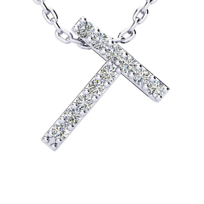 Letter T Diamond Initial Necklace in 14K White Gold (2.4 g) w/ 13 Diamonds, , 18 Inch Chain by SuperJeweler