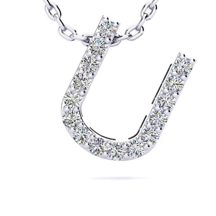 Letter U Diamond Initial Necklace in 14K White Gold (2.4 g) w/ 13 Diamonds, , 18 Inch Chain by SuperJeweler