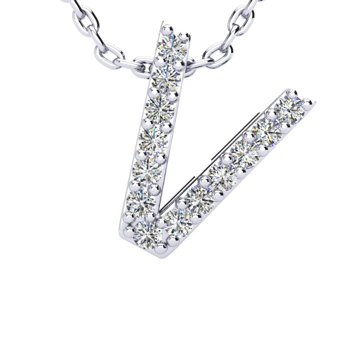 Letter V Diamond Initial Necklace In 14K White Gold (2.4 G) W/ 13 Diamonds, H/I, 18 Inch Chain By SuperJeweler