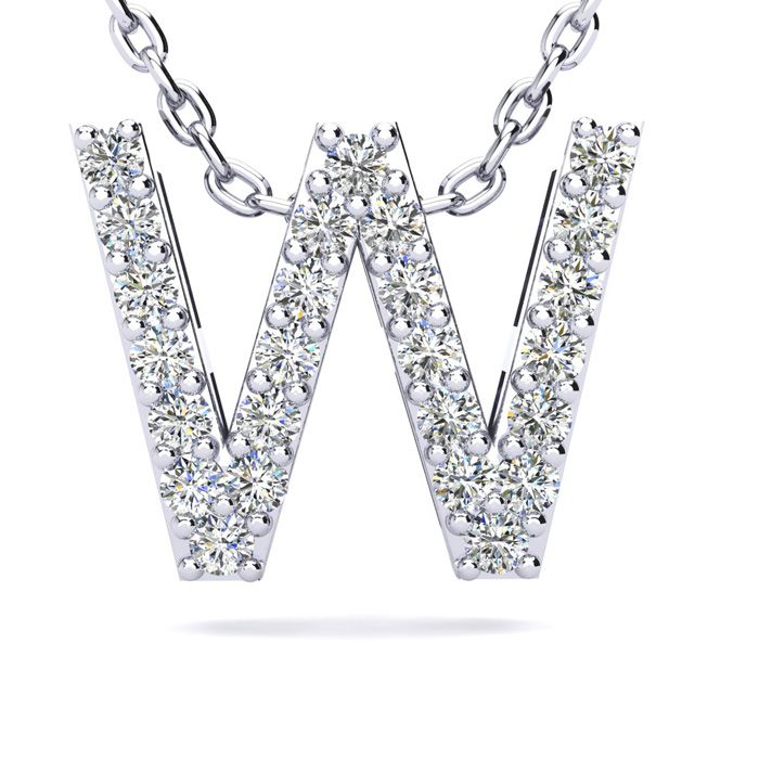 Letter W Diamond Initial Necklace in 14K White Gold (2.4 g) w/ 13 Diamonds, , 18 Inch Chain by SuperJeweler