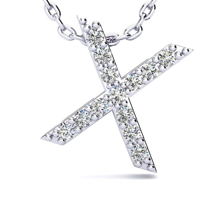 Letter X Diamond Initial Necklace in 14K White Gold (2.4 g) w/ 13 Diamonds, , 18 Inch Chain by SuperJeweler