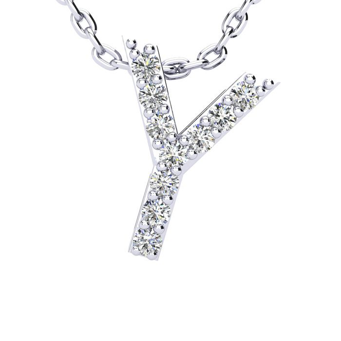 Letter Y Diamond Initial Necklace in 14K White Gold (2.4 g) w/ 13 Diamonds, , 18 Inch Chain by SuperJeweler