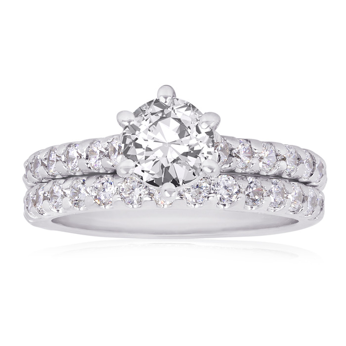 2 Carat Classic Prong Set Bridal Engagement Ring Set in 14K White