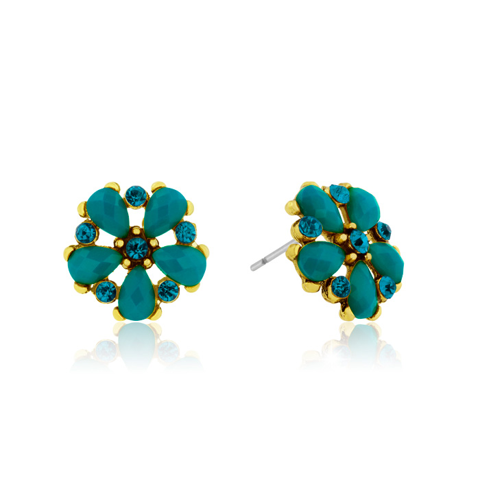 Passiana Dainty Flower Crystal Earrings, Turq